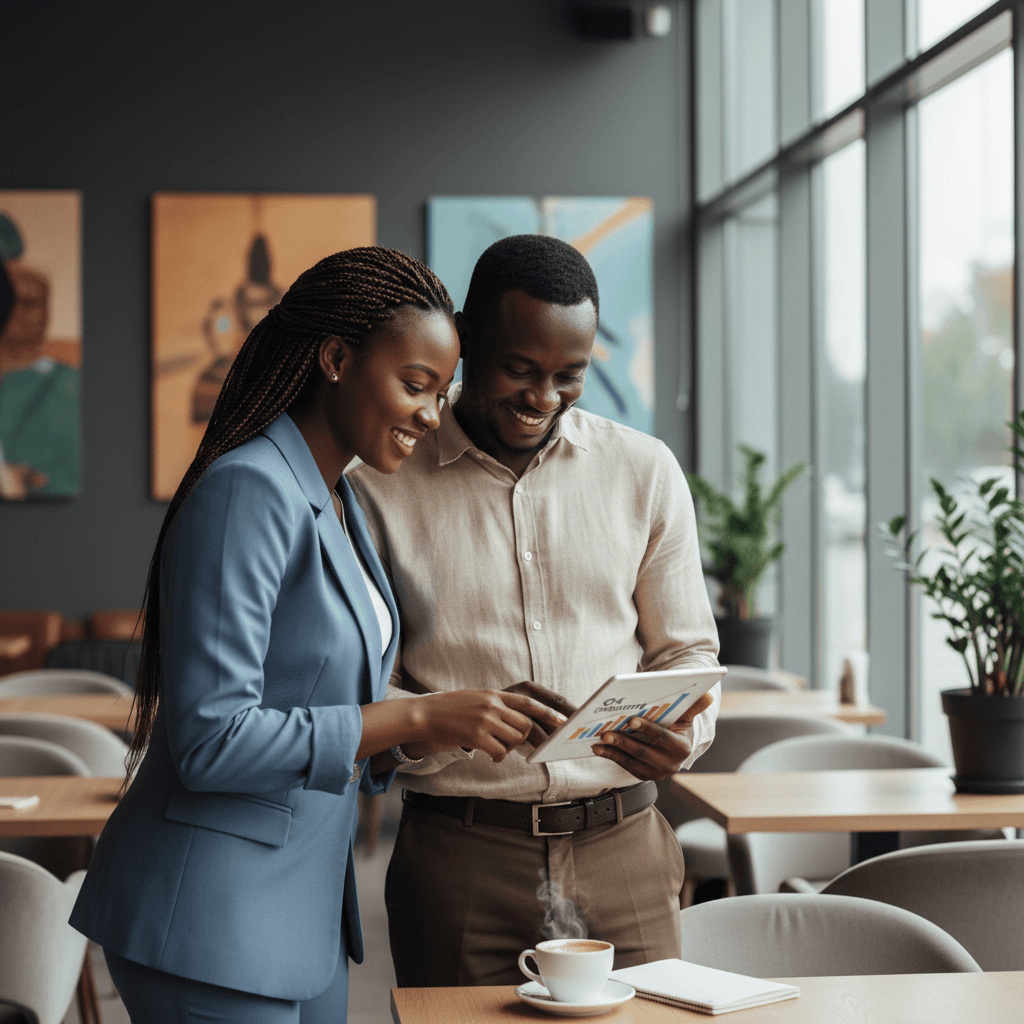 Deux entrepreneurs africains consultant un graphique de croissance