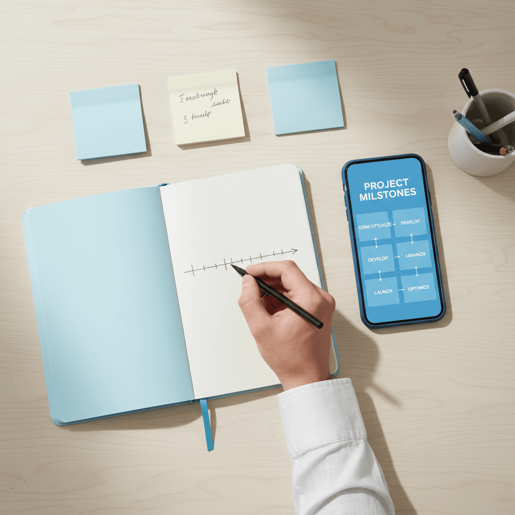 Strategic planning with notes and a phone displaying a roadmap
