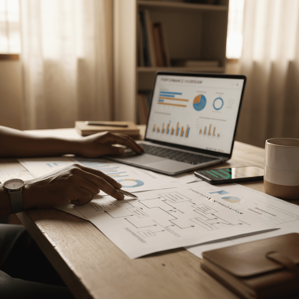 Consultant analyzing process documents and data at a desk