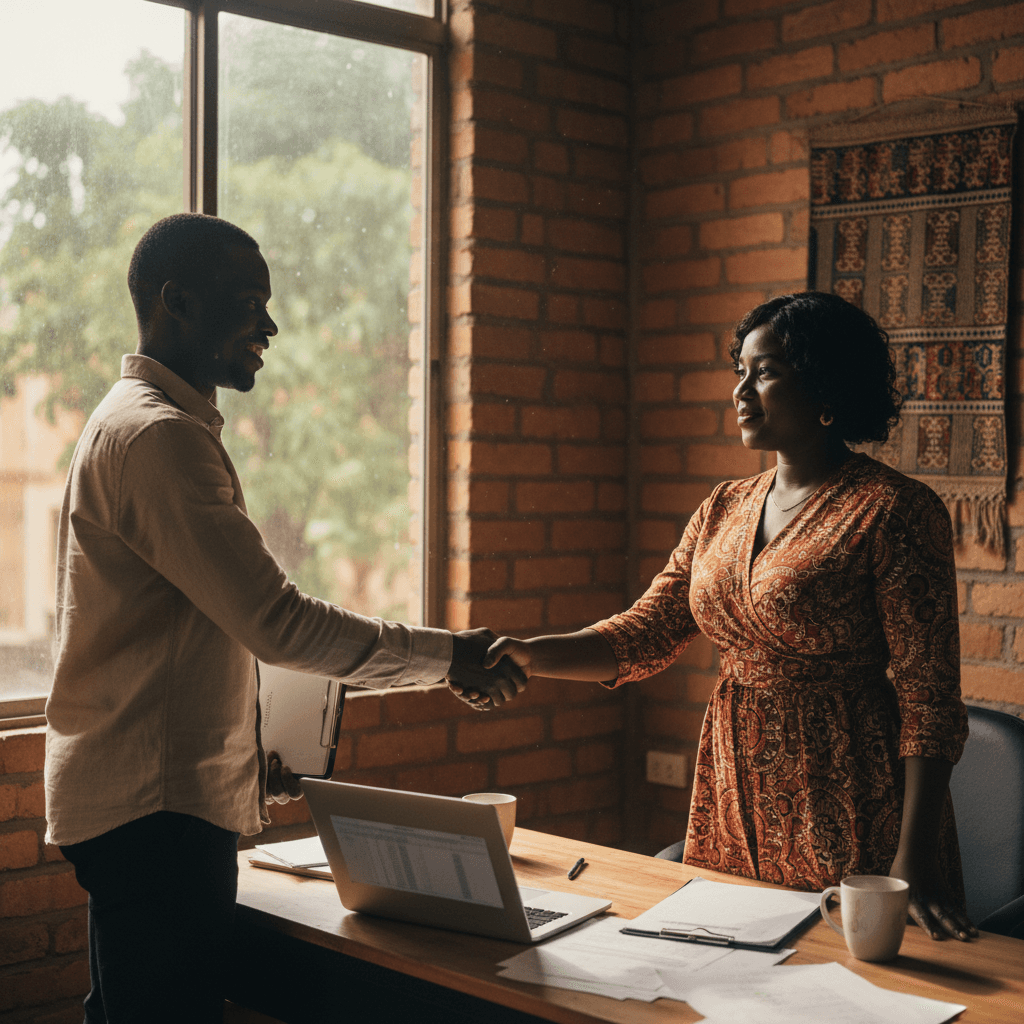 Consultant shaking hands with an entrepreneur in an office