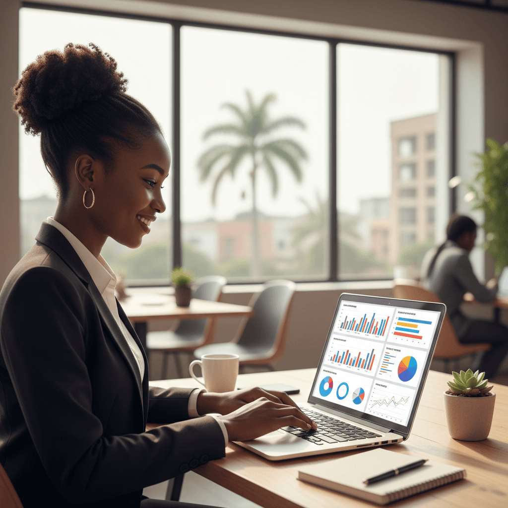 Professionnelle africaine analysant des données sur un ordinateur portable