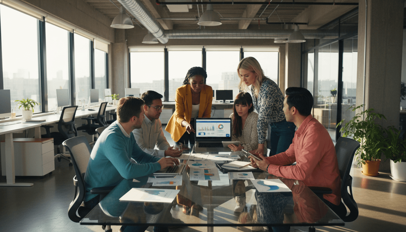 Équipe de professionnels africains collaborant autour d'une interface d'IA en bureau moderne