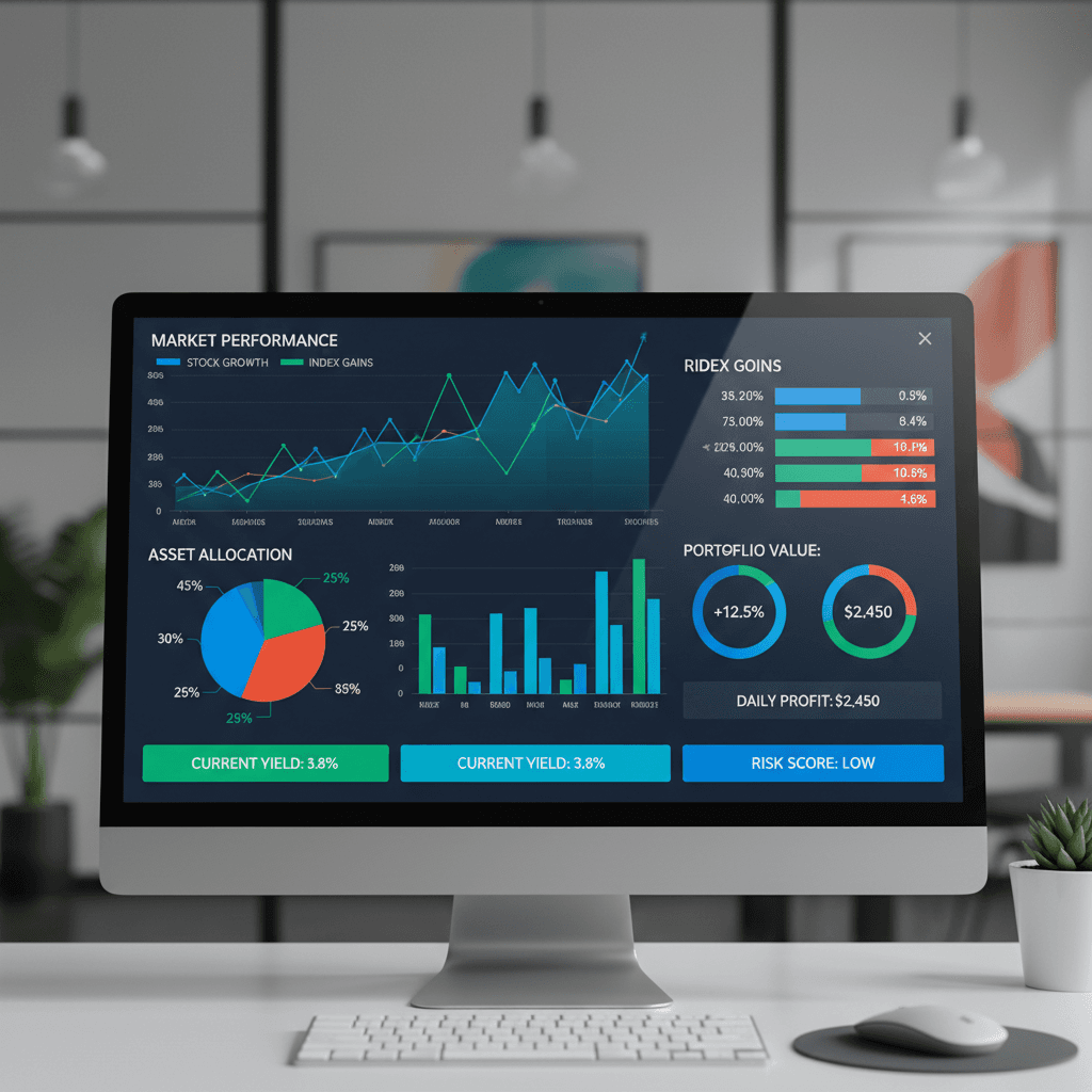 Computer monitor displaying colorful financial dashboard with charts, graphs, and real-time data metrics