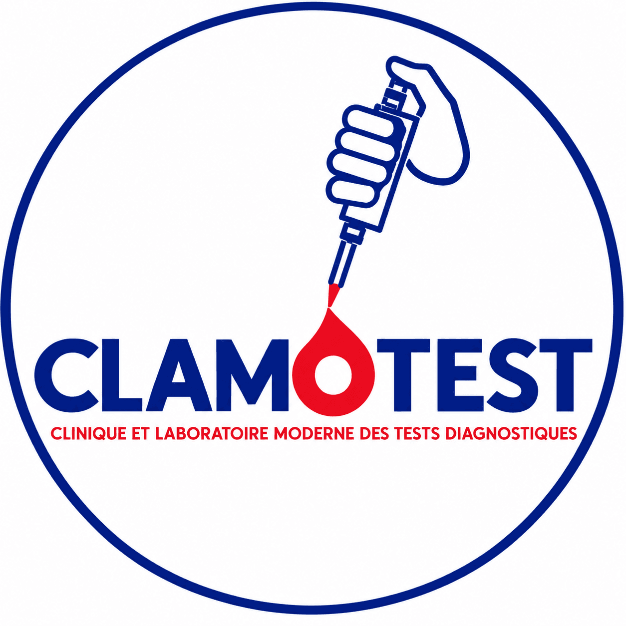 Logo circulaire bleu CLAMOTEST avec main tenant une pipette et goutte de sang rouge centrale.