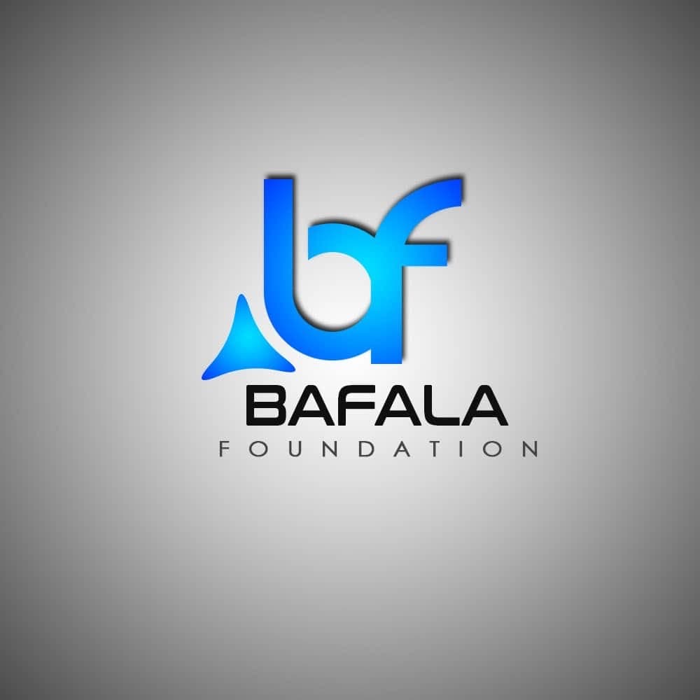 Logo Bafala Foundation avec monogramme bf bleu et texte noir sur fond gris dégradé.