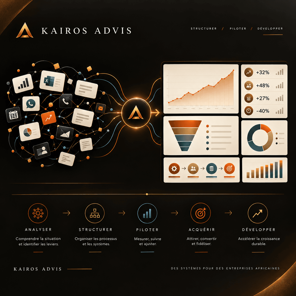 Infographie de Kairos Advis montrant la transformation de données en tableaux de bord analytiques.