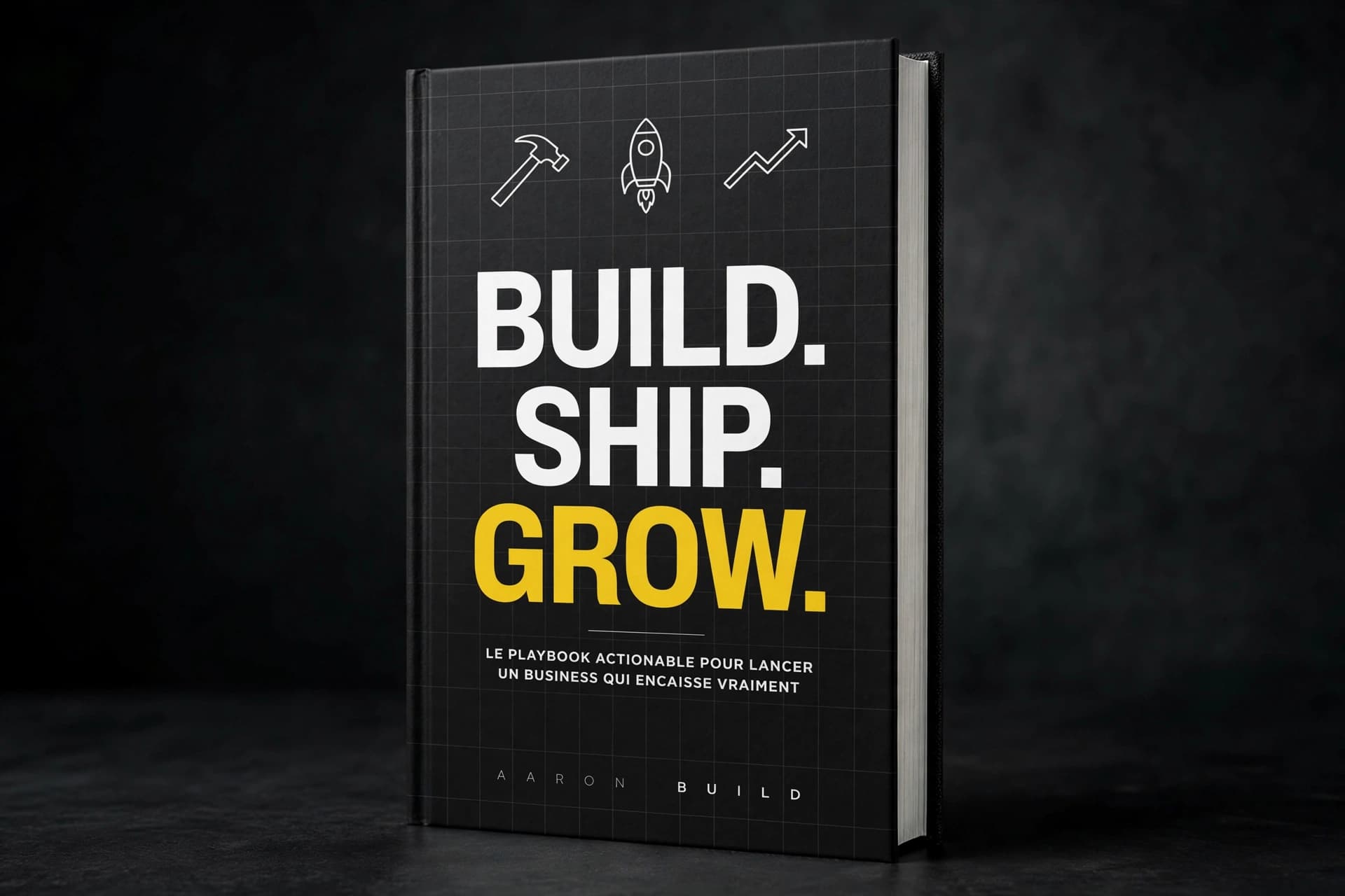 Livre noir intitulé BUILD. SHIP. GROW. avec des icônes de marteau, fusée et croissance.