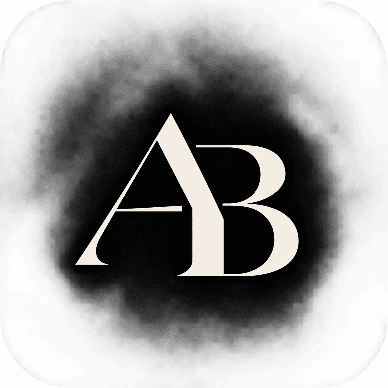 Monogramme AB blanc sur une tache noire diffuse dans un cadre blanc aux coins arrondis.
